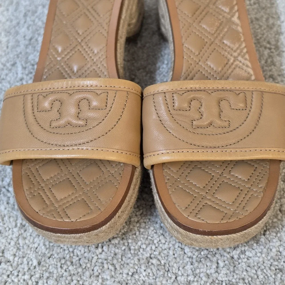 Tory Burch Fleming Espadrille Tan Leather Logo Slides Sandals Womens Size 7.5